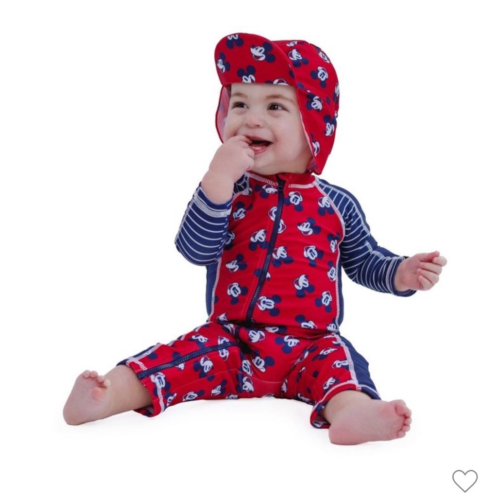 9-12 Month Red Navy Mickey-Print Baby One-Piece With Sun Hat